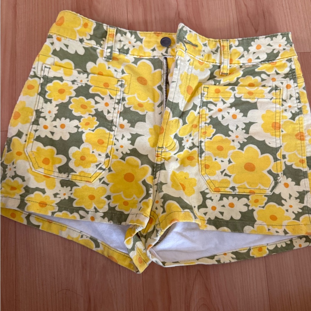 RVCA High Waist Yellow and Green Floral Shorts